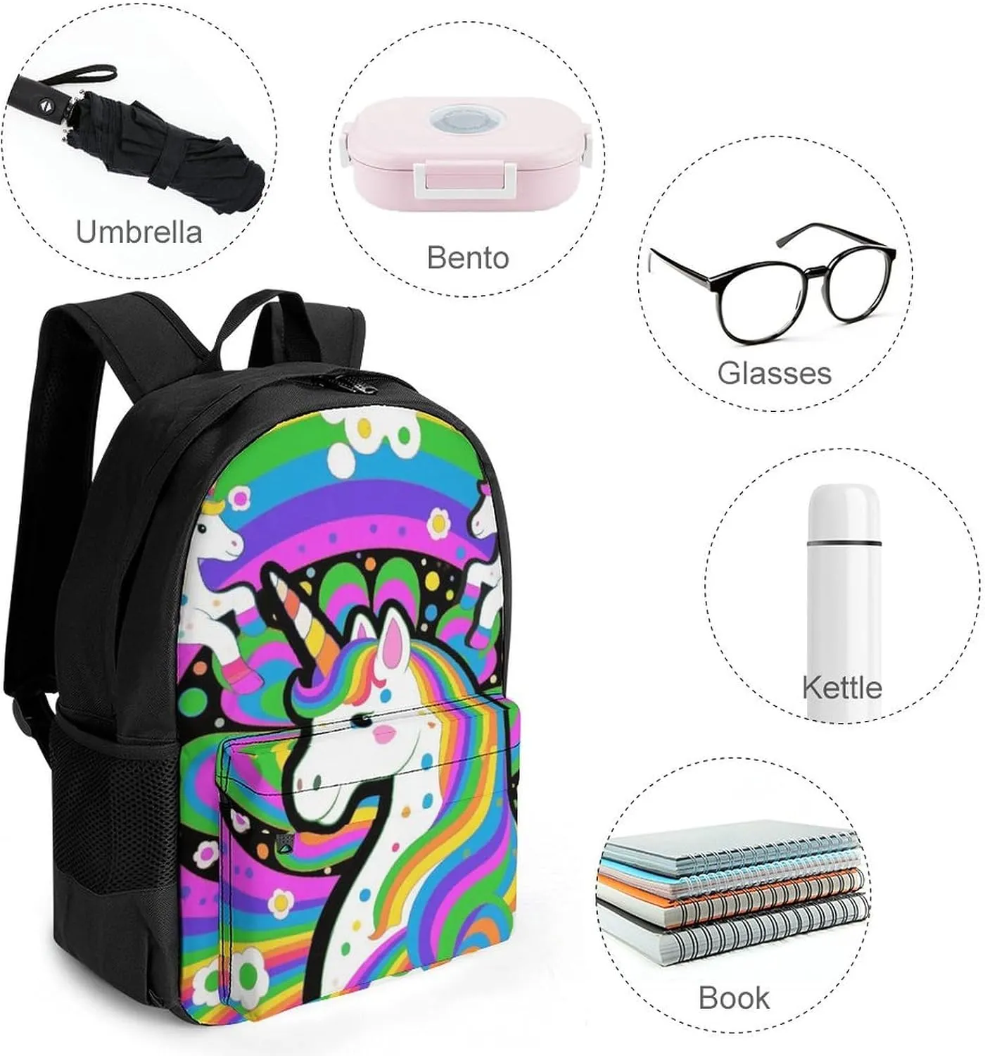 Lightweight Daypack Backpack for Trekking Work Running - Big Capacity Multipurpose Anti-Theft Bookbag, Trippy Rainbow Unicorn Art Business Computer Bag