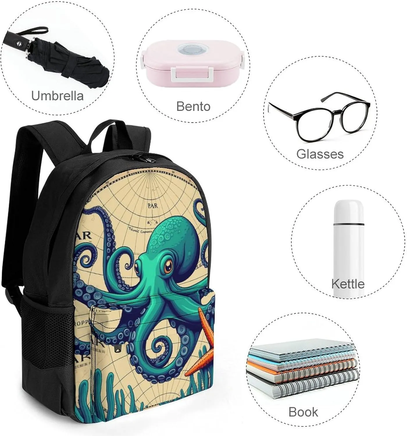 Lightweight Daypack Bookbag for Trekking Business Walking Cycling - Big Capacity Anti-Theft Multipurpose Carry On Bag, Retro Octopus Art Business Computer Bag