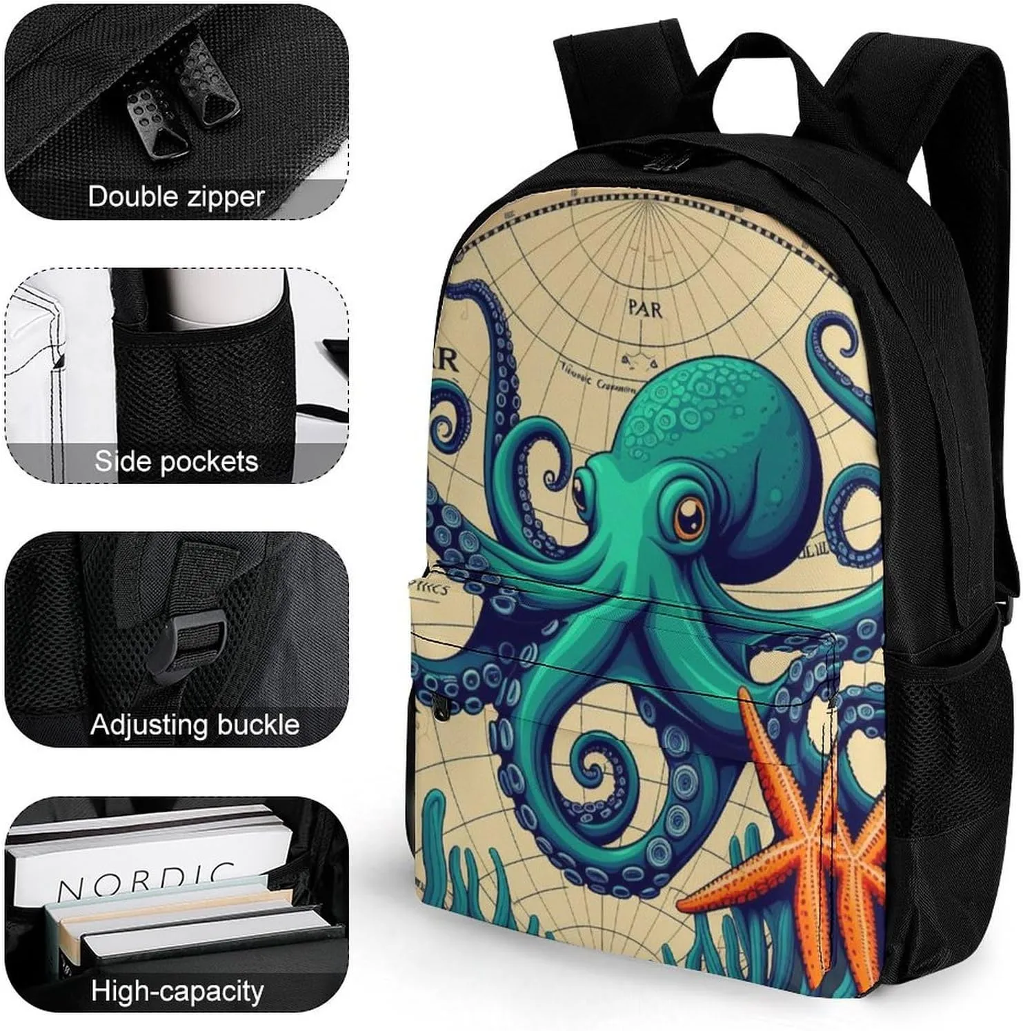 Lightweight Daypack Bookbag for Trekking Business Walking Cycling - Big Capacity Anti-Theft Multipurpose Carry On Bag, Retro Octopus Art Business Computer Bag