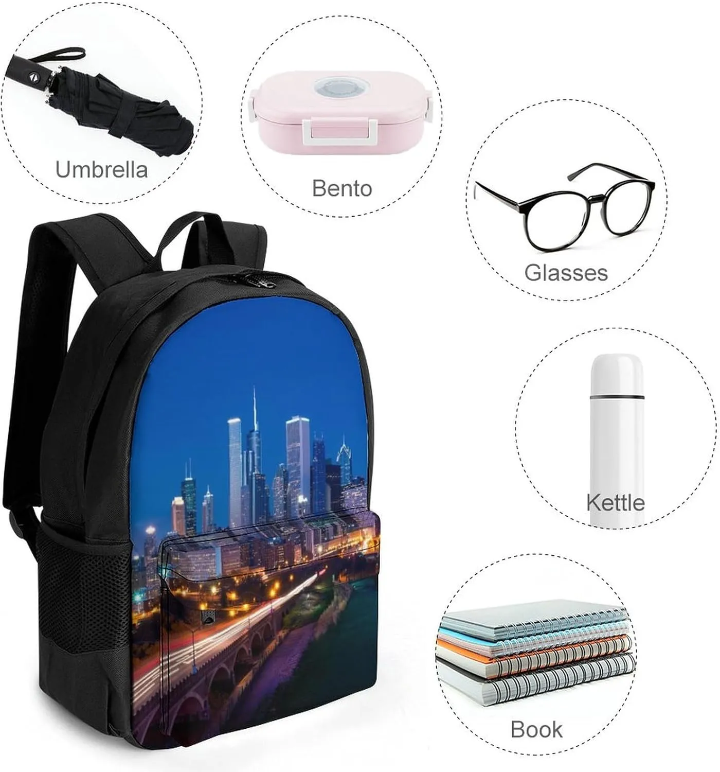 Lightweight Daypack Bookbag for Trekking Business Walking Cycling - Big Capacity Anti-Theft Multipurpose Carry On Bag, Usa Chicago City Skyline Night View Art Business Computer Bag