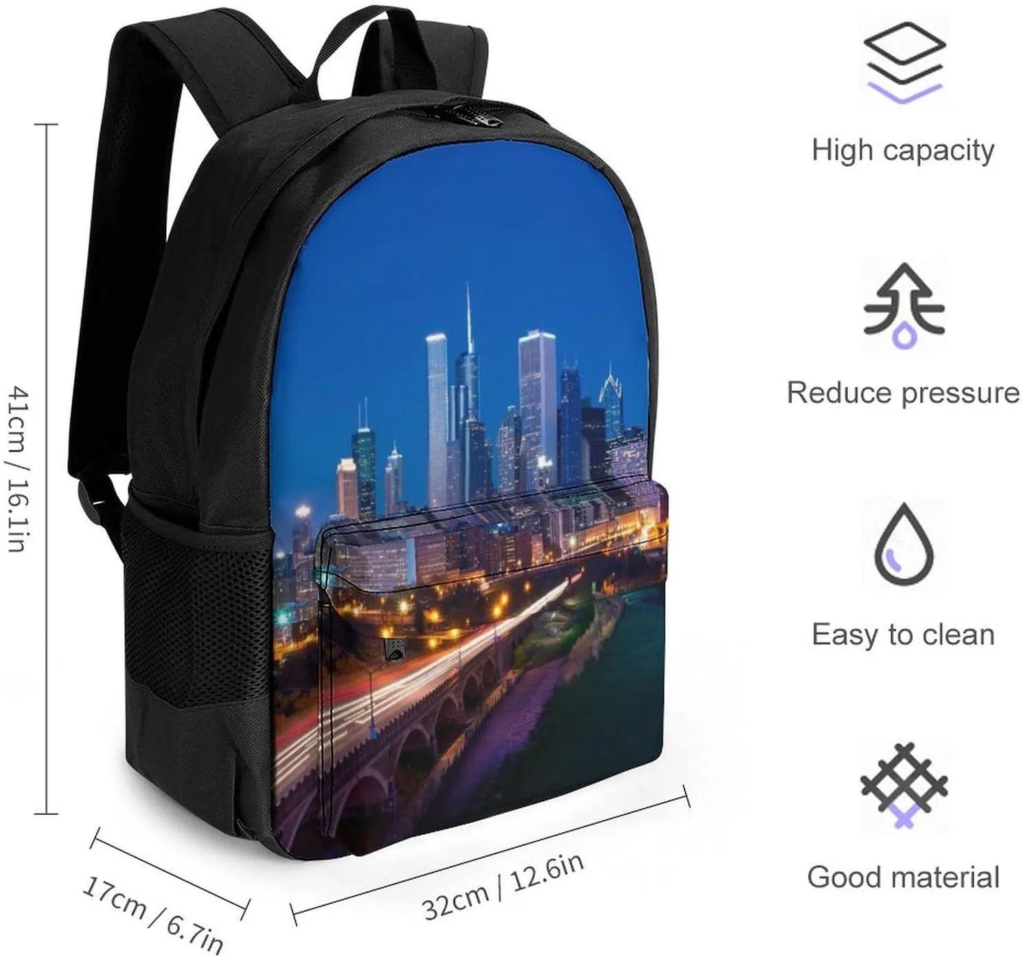 Lightweight Daypack Bookbag for Trekking Business Walking Cycling - Big Capacity Anti-Theft Multipurpose Carry On Bag, Usa Chicago City Skyline Night View Art Business Computer Bag