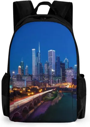 Lightweight Daypack Bookbag for Trekking Business Walking Cycling - Big Capacity Anti-Theft Multipurpose Carry On Bag, Usa Chicago City Skyline Night View Art Business Computer Bag