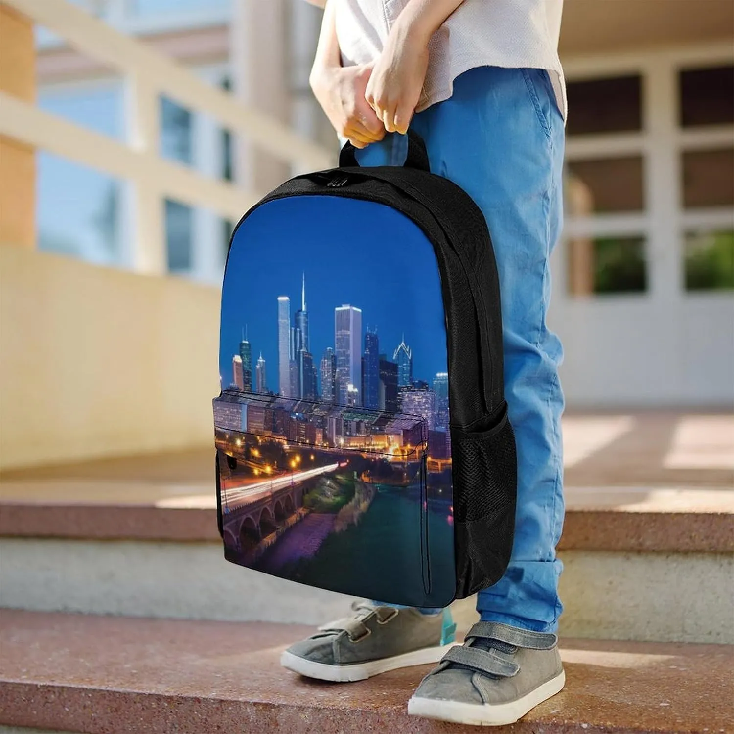 Lightweight Daypack Bookbag for Trekking Business Walking Cycling - Big Capacity Anti-Theft Multipurpose Carry On Bag, Usa Chicago City Skyline Night View Art Business Computer Bag