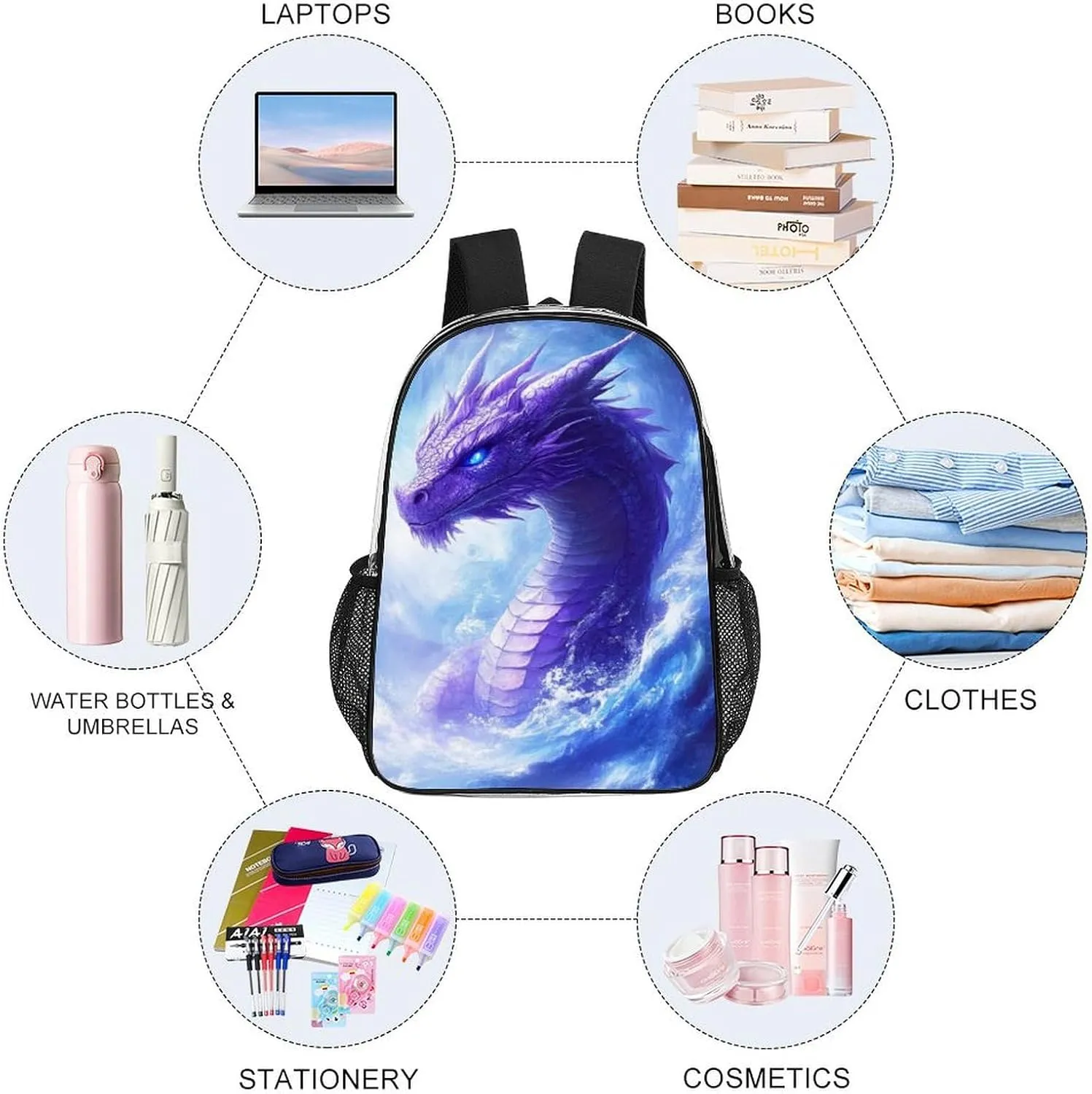 Lightweight Daypack Bookbag for Trekking Business Walking Cycling - Big Capacity Transparent Multipurpose Carry On Bag, Purple Dragon Business Computer Bag
