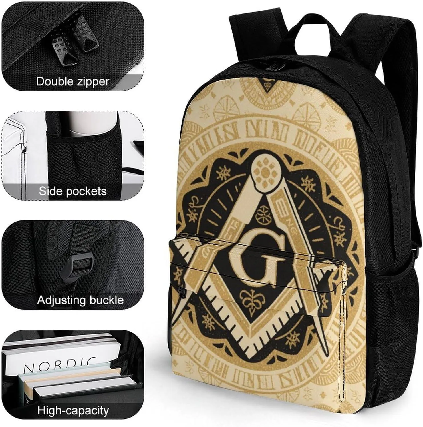 Lightweight Daypack for Camping Business Walking Cycling - Large Capacity Anti-Theft Multipurpose Bookbag, Gold Freemason Freemasonry Masonic Art Gym Outdoor Hiking Backpack