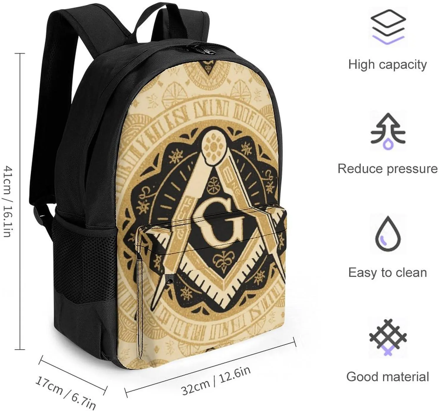 Lightweight Daypack for Camping Business Walking Cycling - Large Capacity Anti-Theft Multipurpose Bookbag, Gold Freemason Freemasonry Masonic Art Gym Outdoor Hiking Backpack