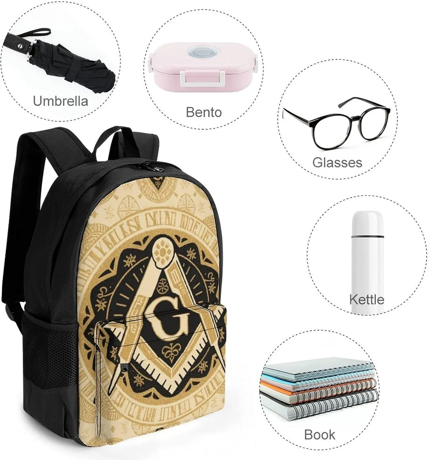 Lightweight Daypack for Camping Business Walking Cycling - Large Capacity Anti-Theft Multipurpose Bookbag, Gold Freemason Freemasonry Masonic Art Gym Outdoor Hiking Backpack