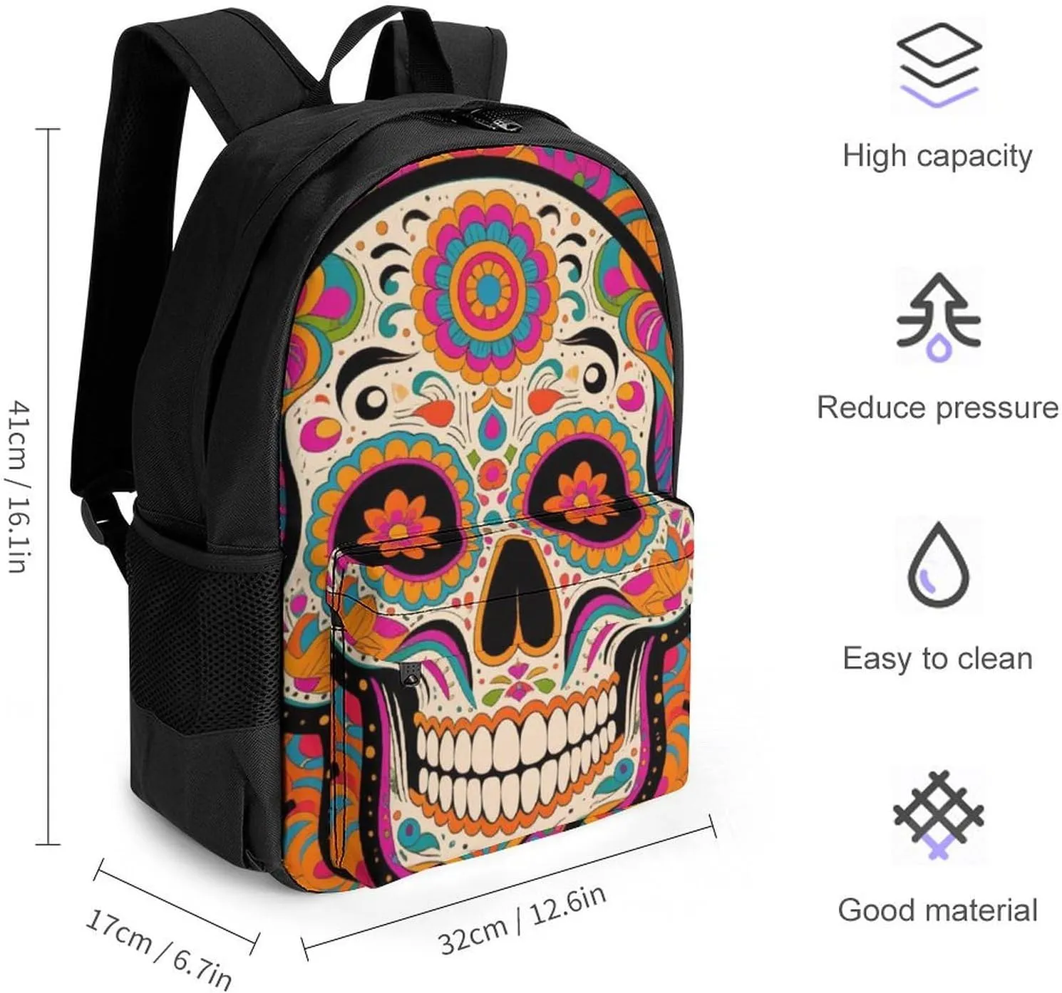 Lightweight Rucksack for Sports Travel Running - Big Capacity Multipurpose Anti-Theft Bookbag, Mexican Sugar Skull Flower Art Travel and Sport Backpack Rucksack