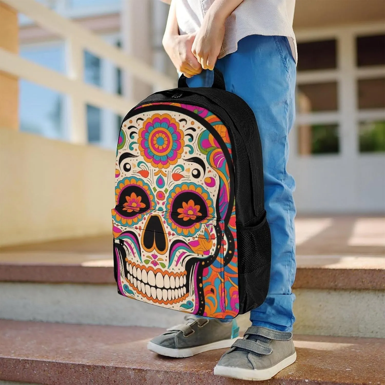Lightweight Rucksack for Sports Travel Running - Big Capacity Multipurpose Anti-Theft Bookbag, Mexican Sugar Skull Flower Art Travel and Sport Backpack Rucksack