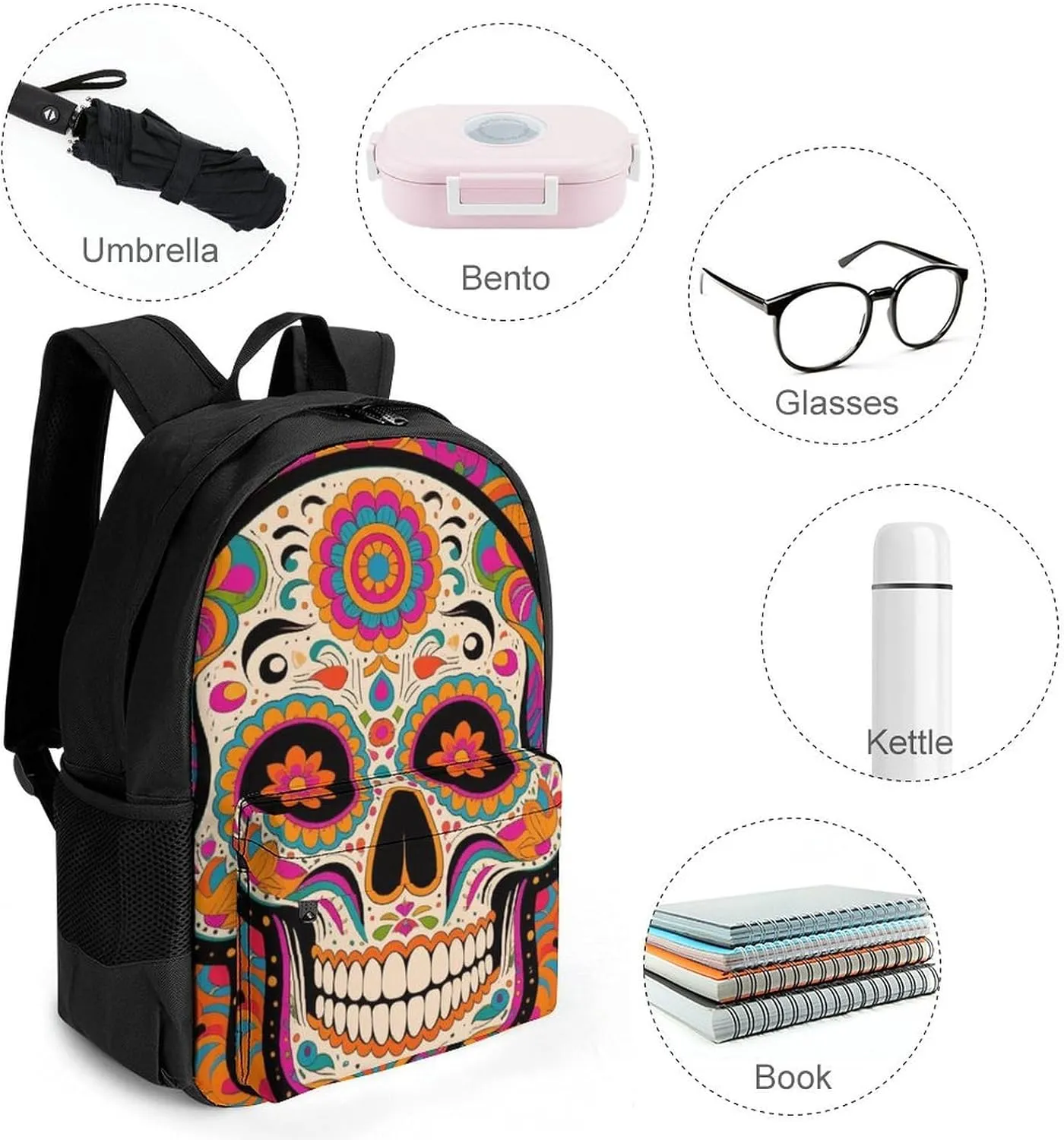 Lightweight Rucksack for Sports Travel Running - Big Capacity Multipurpose Anti-Theft Bookbag, Mexican Sugar Skull Flower Art Travel and Sport Backpack Rucksack