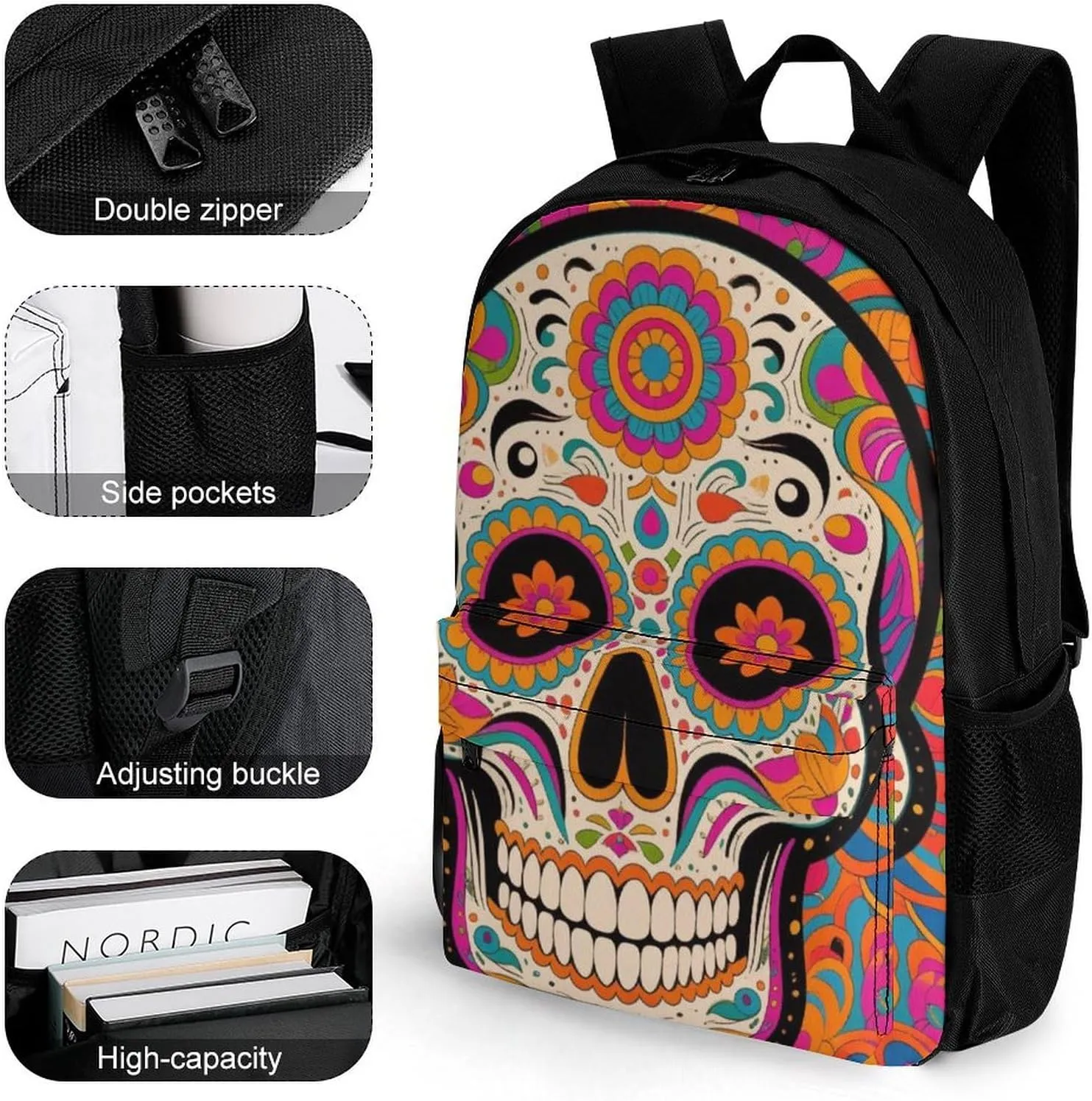 Lightweight Rucksack for Sports Travel Running - Big Capacity Multipurpose Anti-Theft Bookbag, Mexican Sugar Skull Flower Art Travel and Sport Backpack Rucksack