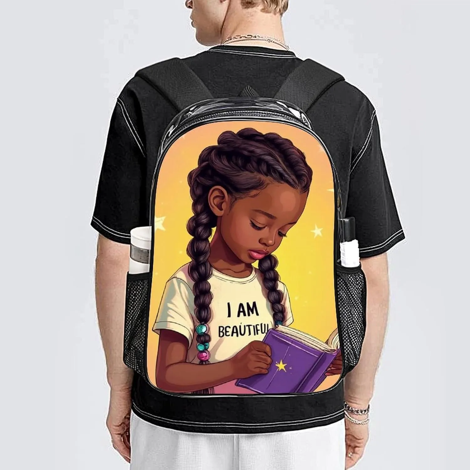 Lightweight Rucksacks for Climbing Outdoors Walking Cycling - Large Capacity Transparent Multipurpose Carry On Bag, African American Black woman Book Art Camping Outdoor Backpack