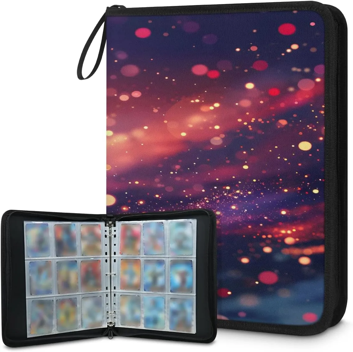 Little Bit of Stars 3 Ring Trading Zipper Binder Strap, Trading Card Binder 9 Pocket, 900 Pockets Card Holder with 50 Removable Sleeves for Game Cards