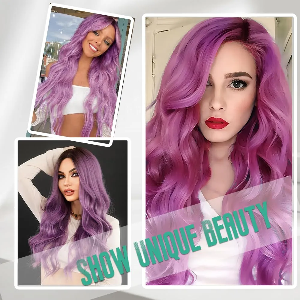 Long Purple Wig for Women 26Inch Wavy Curly Hair Wigs Synthetic Hair Replacement Wig Heat Resistant Hair Wig for Daily Party Use(26'' Purple)