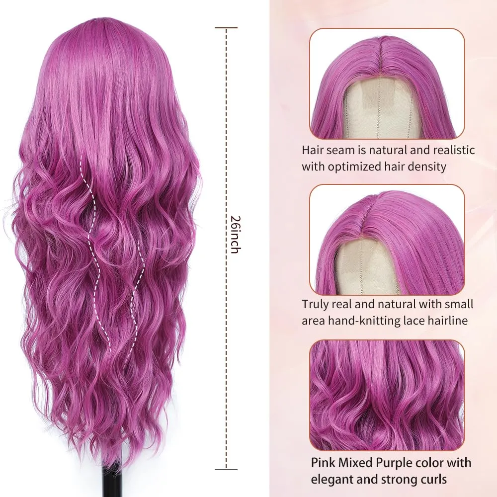 Long Purple Wig for Women 26Inch Wavy Curly Hair Wigs Synthetic Hair Replacement Wig Heat Resistant Hair Wig for Daily Party Use(26'' Purple)