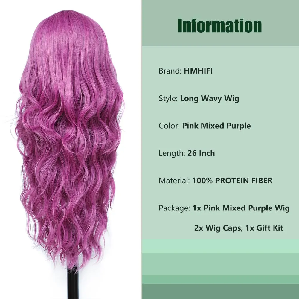 Long Purple Wig for Women 26Inch Wavy Curly Hair Wigs Synthetic Hair Replacement Wig Heat Resistant Hair Wig for Daily Party Use(26'' Purple)