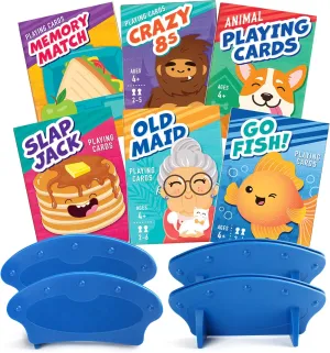 LotFancy Card Games for Kids, 6 Decks & 4 Card Holders, Include Go Fish, Old Maid, Crazy Eights, Memory Match, Slap Jack, Animal Playing Cards