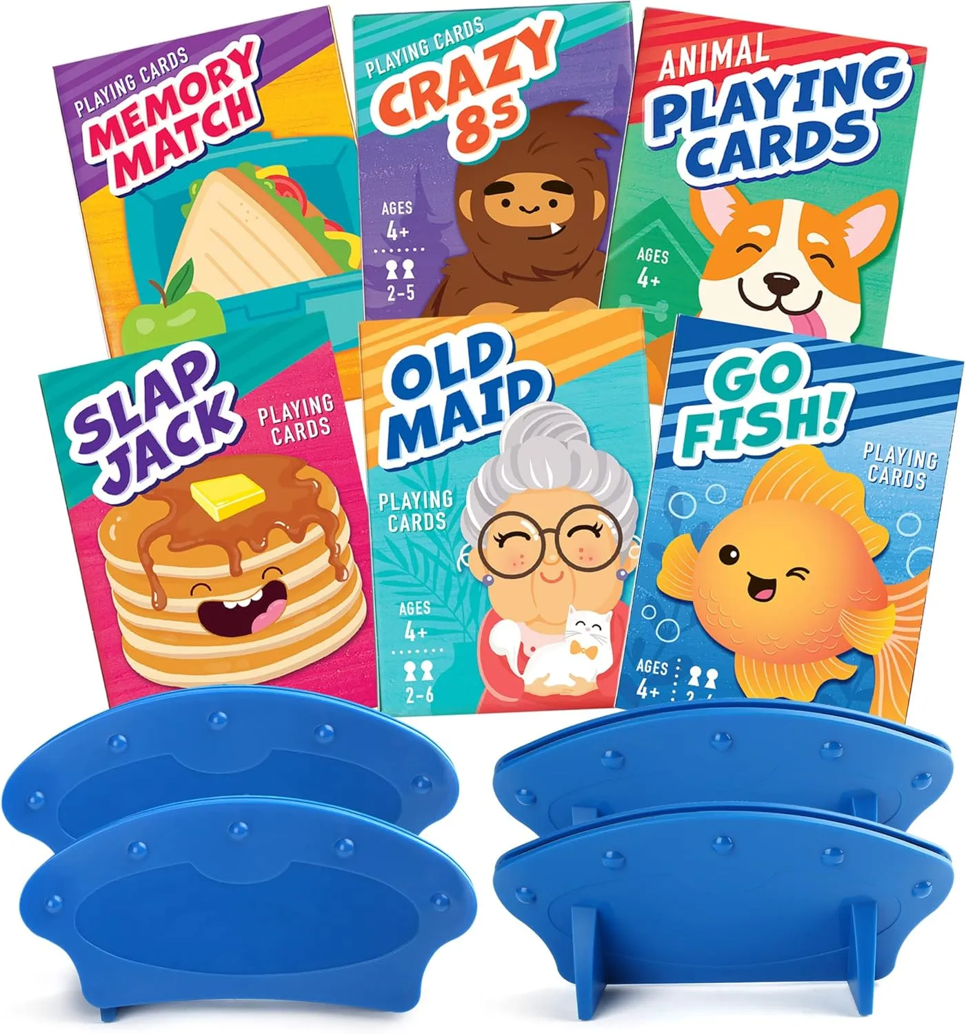 LotFancy Card Games for Kids, 6 Decks & 4 Card Holders, Include Go Fish, Old Maid, Crazy Eights, Memory Match, Slap Jack, Animal Playing Cards