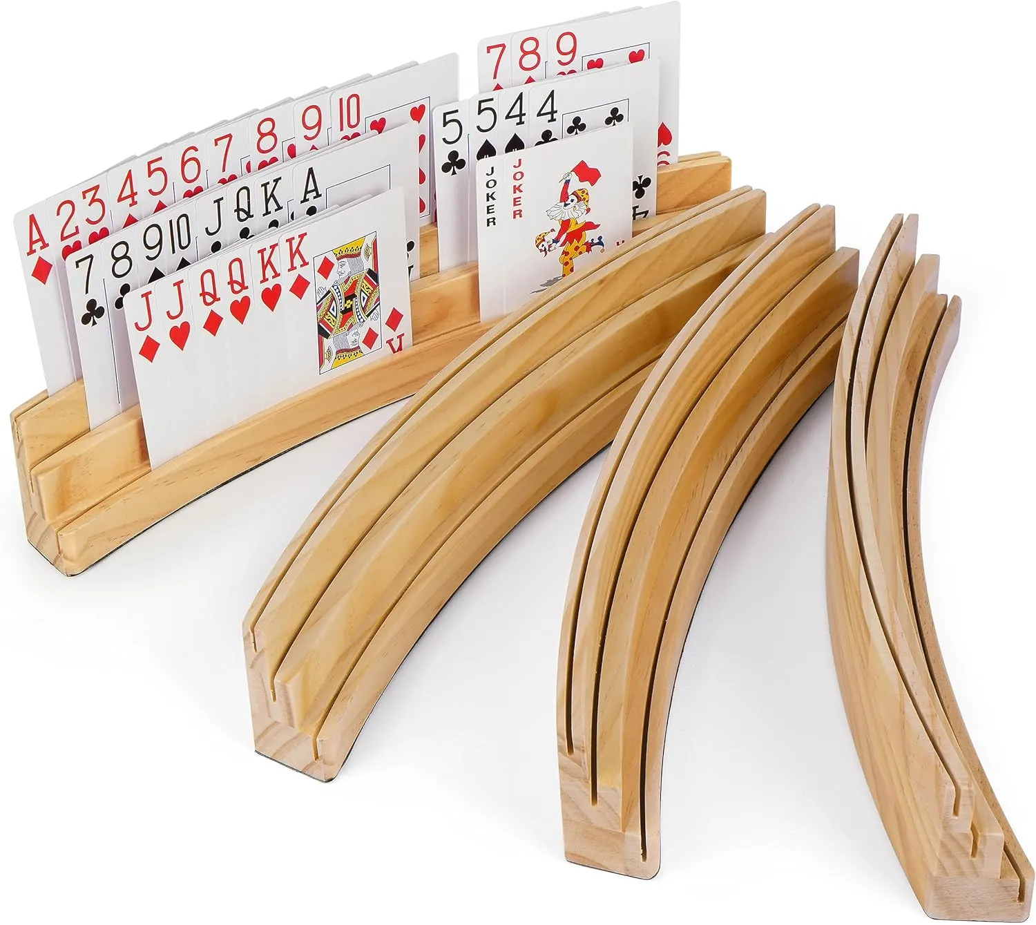 LotFancy Playing Card Holders for Kids Adults Seniors, Set of 4, 3-Tier Curved Wooden Card Holder for Family Card Game Night, Canasta, Bridge, Poker Parties, Hands Free