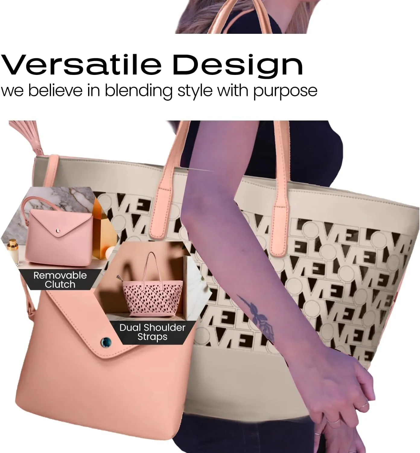 Love Tote | Designer Shoulder Bag | Large Totes for Women | Purses for Women | Vegan Leather Tote Bag | Removable Clutch
