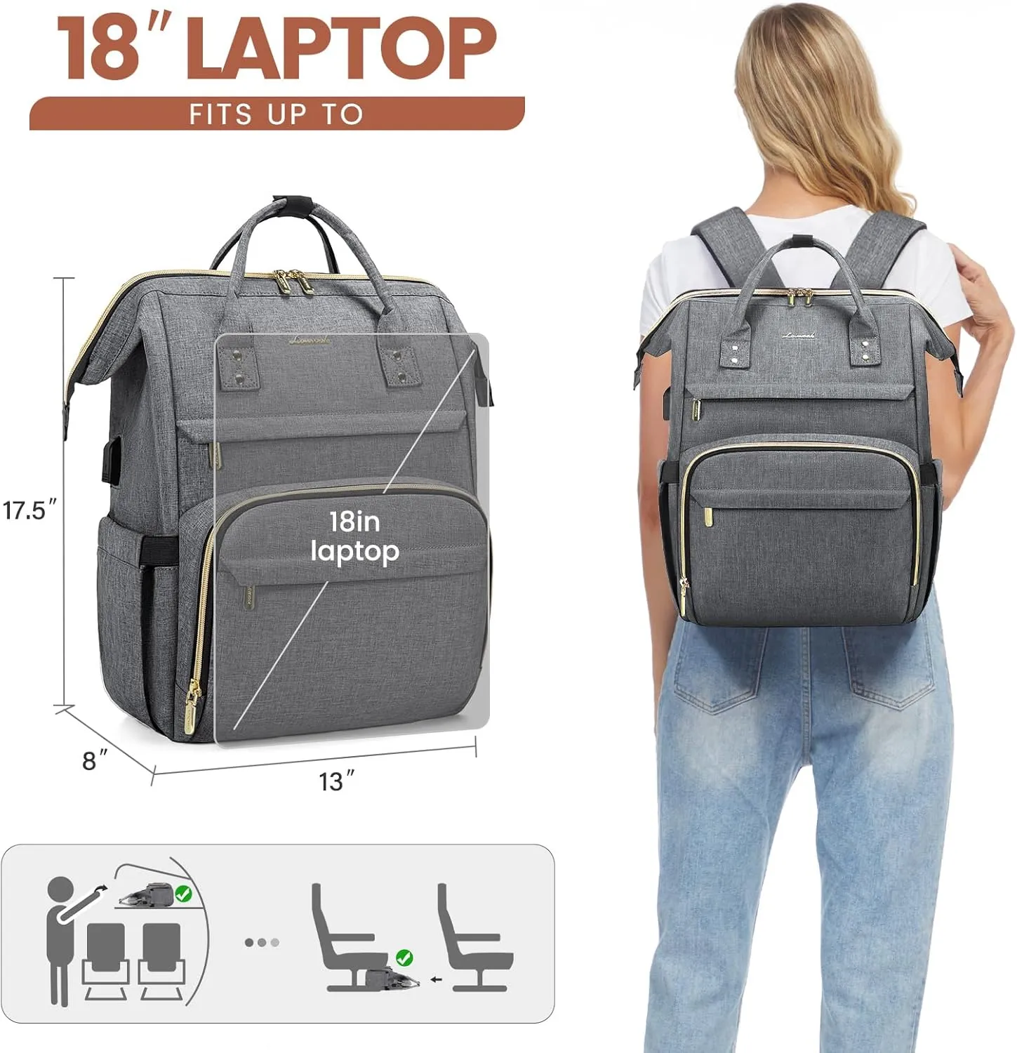 LOVEVOOK Laptop Backpack for Women,18 Inch Professional Womens Travel Backpack Purse Computer Laptop Bag Nurse Teacher Backpack,Waterproof College Work Bags Carry on Back Pack with USB Port,Grey