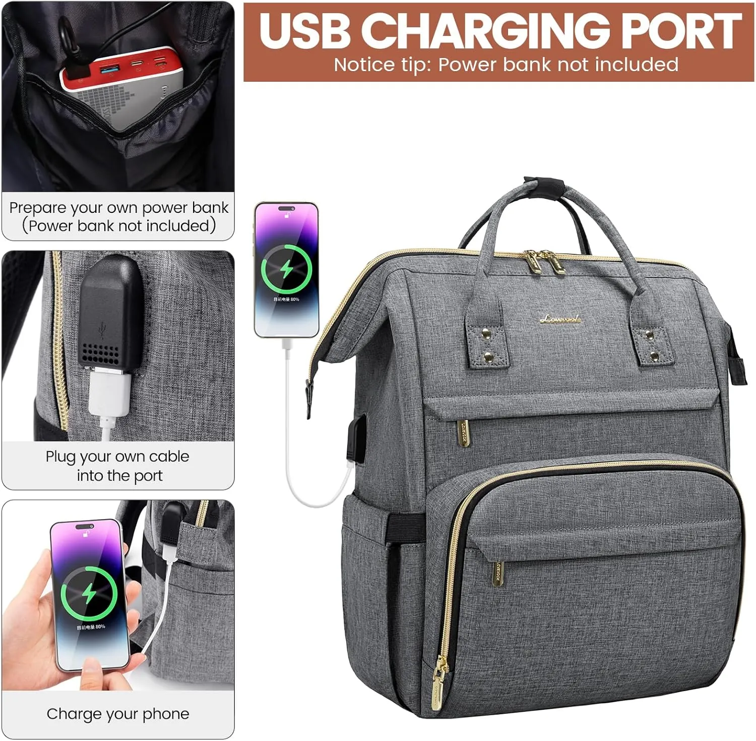 LOVEVOOK Laptop Backpack for Women,18 Inch Professional Womens Travel Backpack Purse Computer Laptop Bag Nurse Teacher Backpack,Waterproof College Work Bags Carry on Back Pack with USB Port,Grey