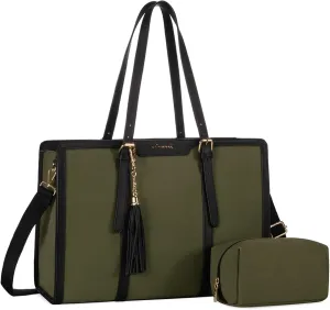 LOVEVOOK Laptop Bag for Women - 15.6 inch Lightweight Canvas Laptop Tote, Large Capacity Computer Bag with Clutch Purse for Business, Work, Travel, School (Black & Green, 15.6 Inch)