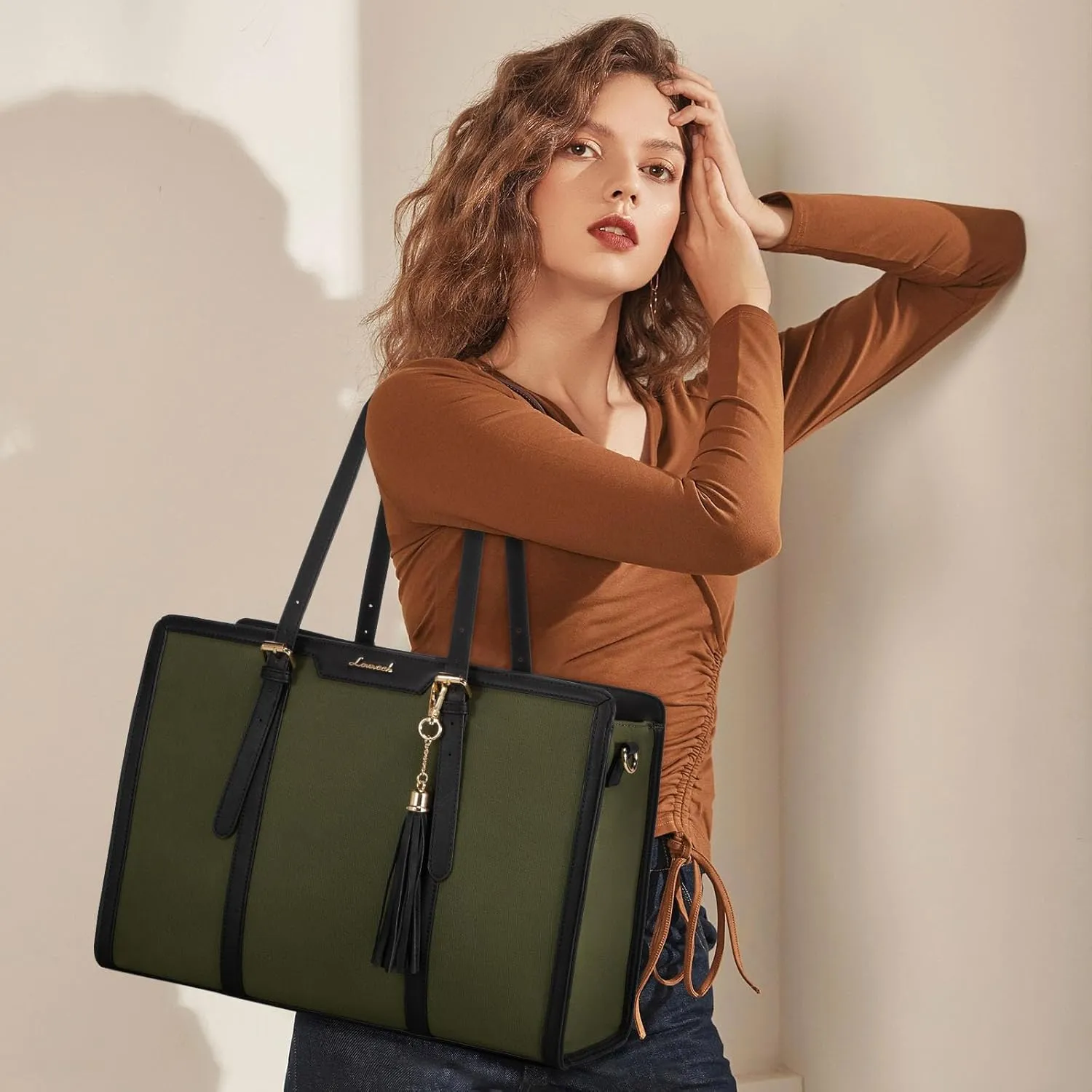 LOVEVOOK Laptop Bag for Women - 15.6 inch Lightweight Canvas Laptop Tote, Large Capacity Computer Bag with Clutch Purse for Business, Work, Travel, School (Black & Green, 15.6 Inch)