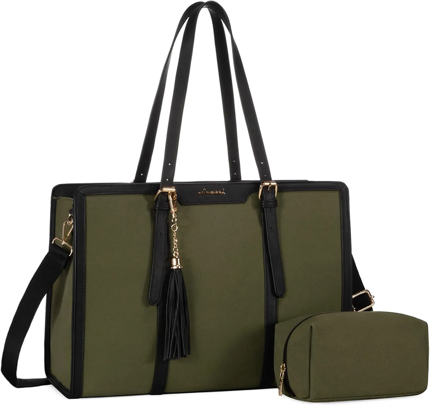 LOVEVOOK Laptop Bag for Women - 15.6 inch Lightweight Canvas Laptop Tote, Large Capacity Computer Bag with Clutch Purse for Business, Work, Travel, School (Black & Green, 15.6 Inch)