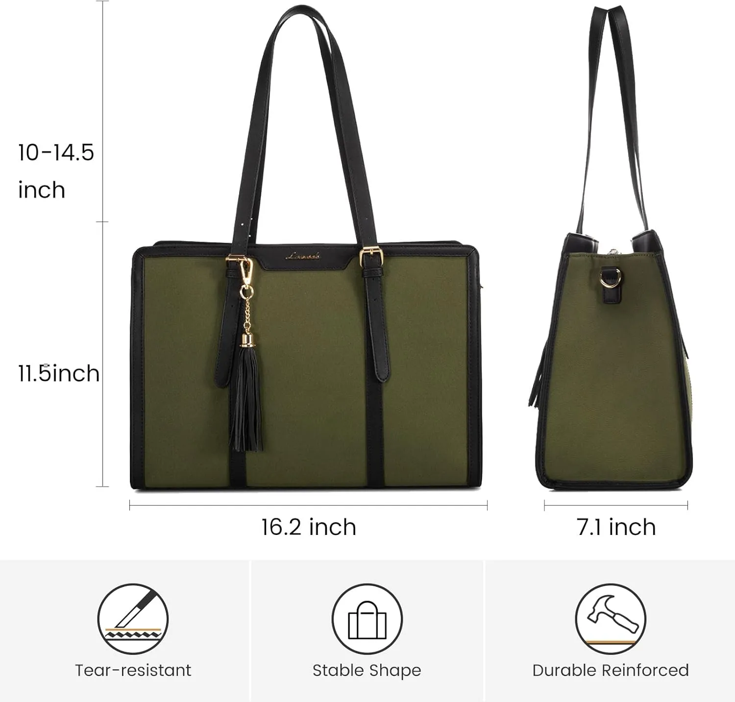 LOVEVOOK Laptop Bag for Women - 15.6 inch Lightweight Canvas Laptop Tote, Large Capacity Computer Bag with Clutch Purse for Business, Work, Travel, School (Black & Green, 15.6 Inch)