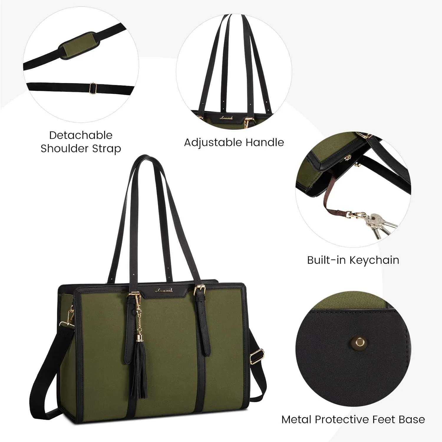 LOVEVOOK Laptop Bag for Women - 15.6 inch Lightweight Canvas Laptop Tote, Large Capacity Computer Bag with Clutch Purse for Business, Work, Travel, School (Black & Green, 15.6 Inch)