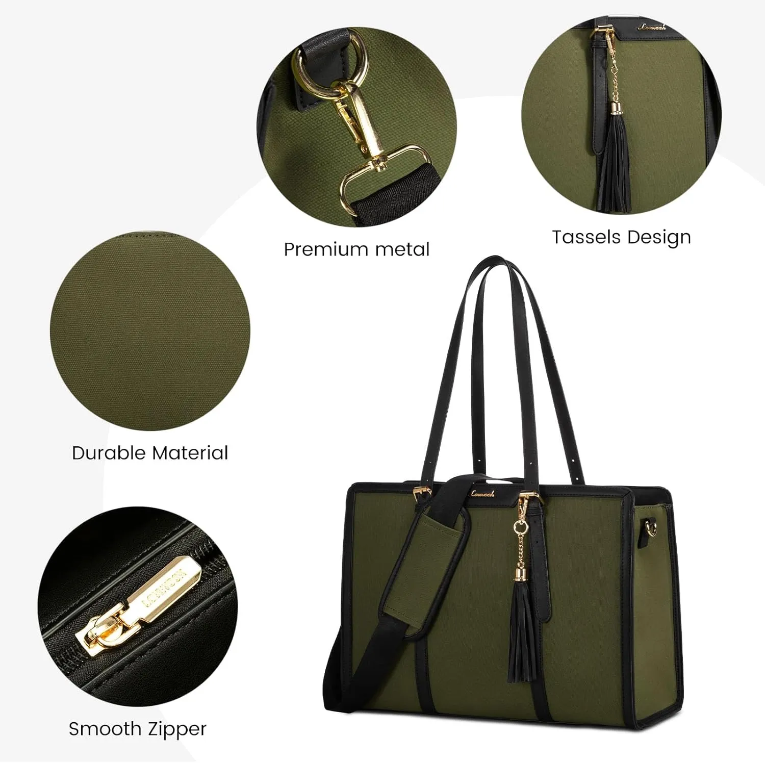 LOVEVOOK Laptop Bag for Women - 15.6 inch Lightweight Canvas Laptop Tote, Large Capacity Computer Bag with Clutch Purse for Business, Work, Travel, School (Black & Green, 15.6 Inch)