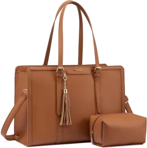 LOVEVOOK Laptop Bag for Women 15.6 inch Lightweight PU Laptop Tote, Large Capacity Computer Bag with Clutch Purse for Business, Work, Office, Travel, School, Casual (Brown & Leather)