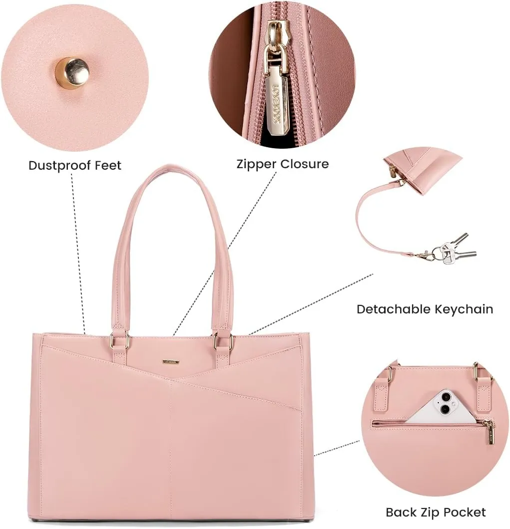 LOVEVOOK Laptop Bag for Women 15.6 Inch Tote Bags Waterproof Leather Briefcase Computer Women Business Office Work Bag,Bright Pink