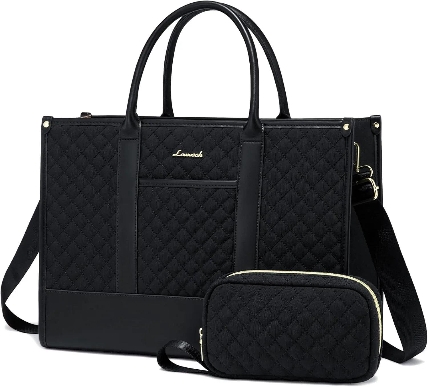 LOVEVOOK Laptop Bags for Women, 15.6 inch Waterproof Work Tote Bag with Clutch, Professional Teacher Computer Purse Lightweight Shoulder Bag Travel, Quilted Black