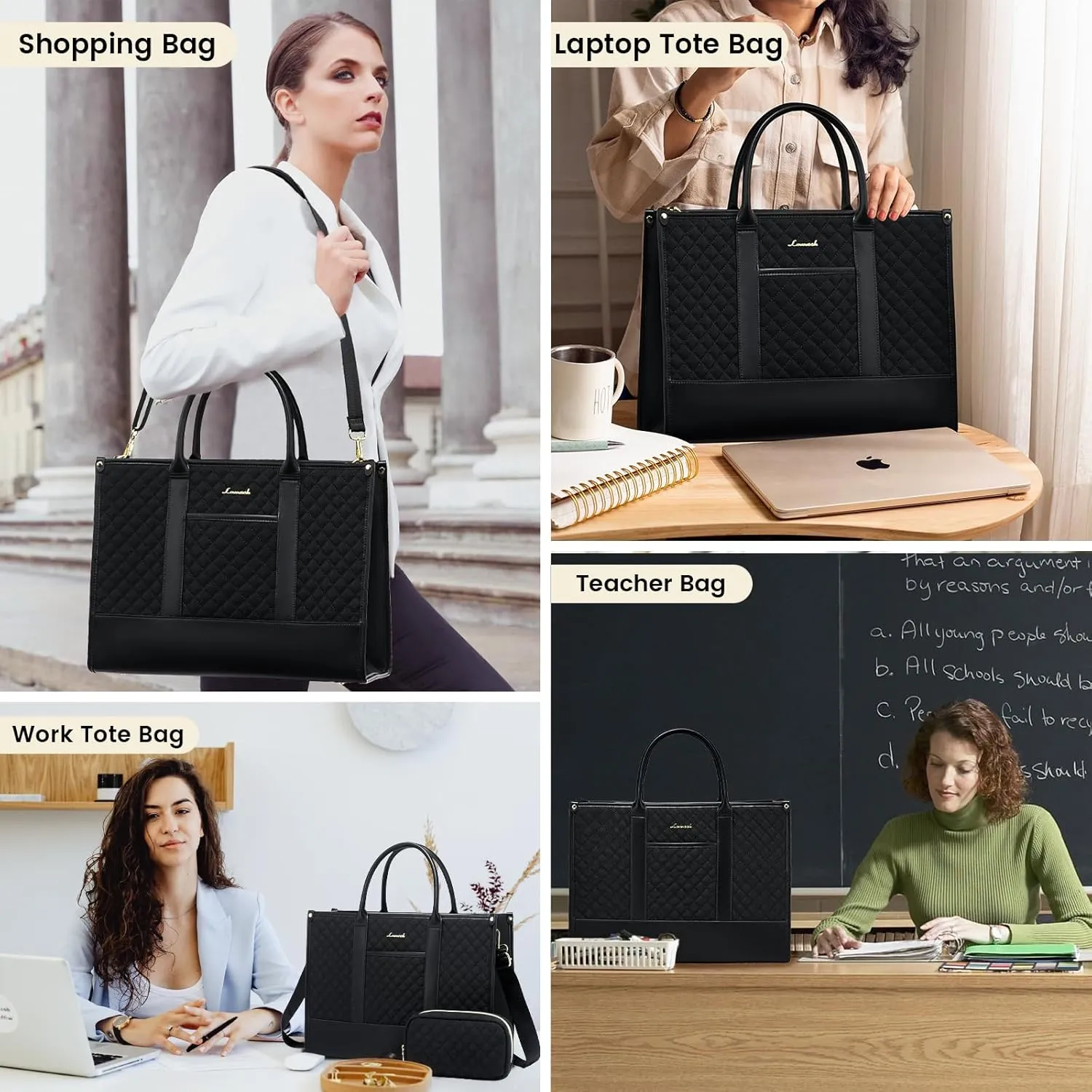 LOVEVOOK Laptop Bags for Women, 15.6 inch Waterproof Work Tote Bag with Clutch, Professional Teacher Computer Purse Lightweight Shoulder Bag Travel, Quilted Black