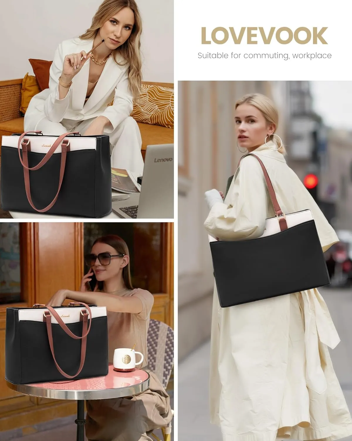 LOVEVOOK Laptop Tote Bag for Women, Work Bags Teacher Tote Bag, Waterproof Leather Computer Bag, Business Laptop Purse Office Handbag Professional Briefcase, Black-Beige-Brown, 15.6 Inch