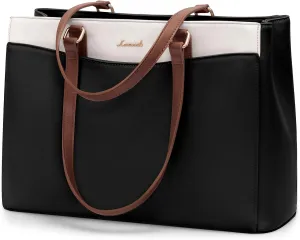 LOVEVOOK Laptop Tote Bag for Women, Work Bags Teacher Tote Bag, Waterproof Leather Computer Bag, Business Laptop Purse Office Handbag Professional Briefcase, Black-Beige-Brown, 15.6 Inch