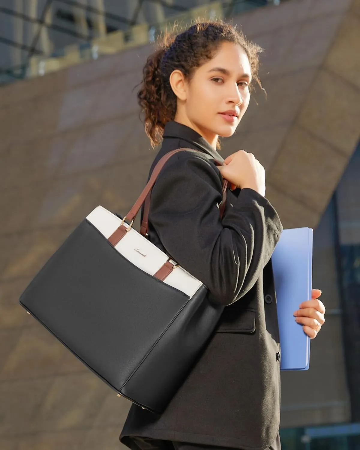 LOVEVOOK Laptop Tote Bag for Women, Work Bags Teacher Tote Bag, Waterproof Leather Computer Bag, Business Laptop Purse Office Handbag Professional Briefcase, Black-Beige-Brown, 15.6 Inch