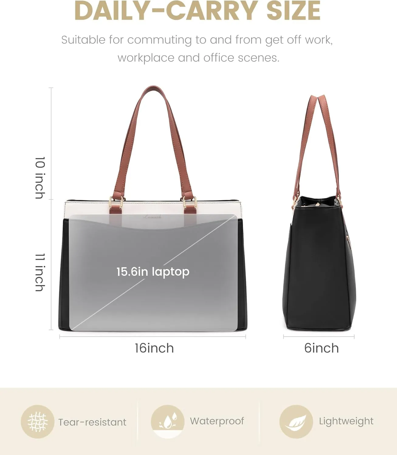 LOVEVOOK Laptop Tote Bag for Women, Work Bags Teacher Tote Bag, Waterproof Leather Computer Bag, Business Laptop Purse Office Handbag Professional Briefcase, Black-Beige-Brown, 15.6 Inch