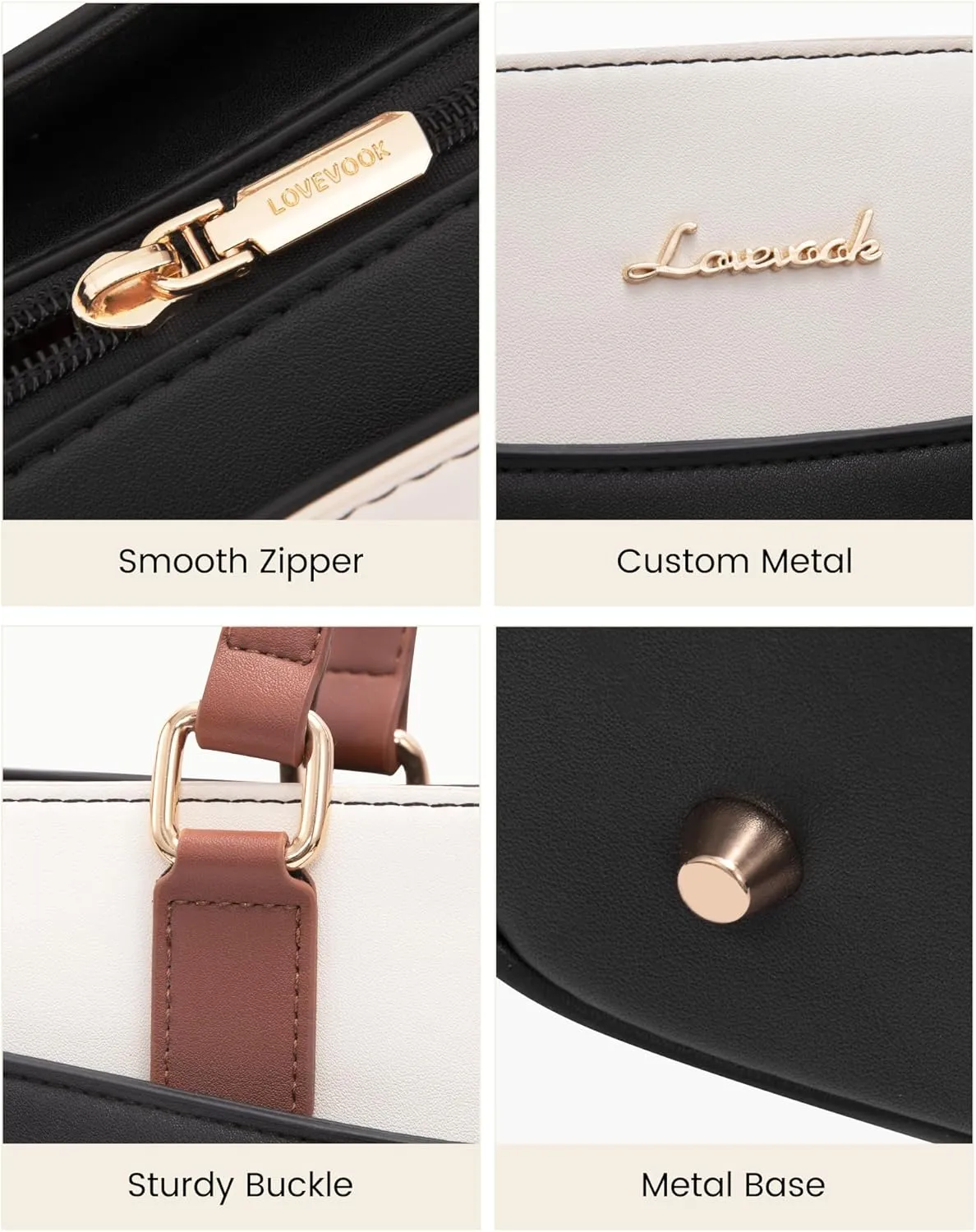 LOVEVOOK Laptop Tote Bag for Women, Work Bags Teacher Tote Bag, Waterproof Leather Computer Bag, Business Laptop Purse Office Handbag Professional Briefcase, Black-Beige-Brown, 15.6 Inch