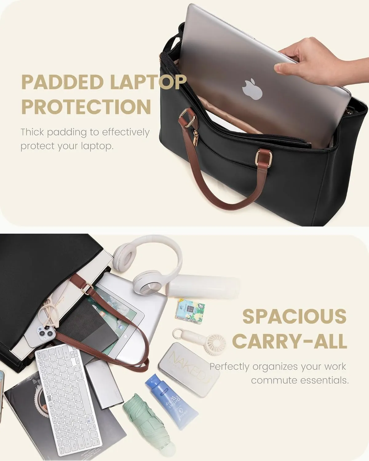 LOVEVOOK Laptop Tote Bag for Women, Work Bags Teacher Tote Bag, Waterproof Leather Computer Bag, Business Laptop Purse Office Handbag Professional Briefcase, Black-Beige-Brown, 15.6 Inch