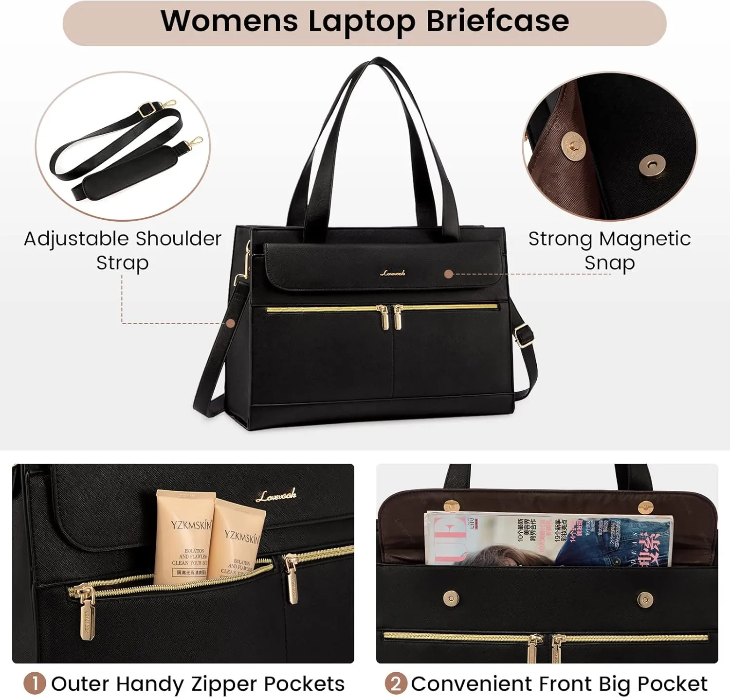 LOVEVOOK Laptop Tote for Women - 15.6 Inch Professional Leather Computer Briefcase, Waterproof Handbag, Large Capacity Business Teacher Office Bag, Crossbody Purse - Black