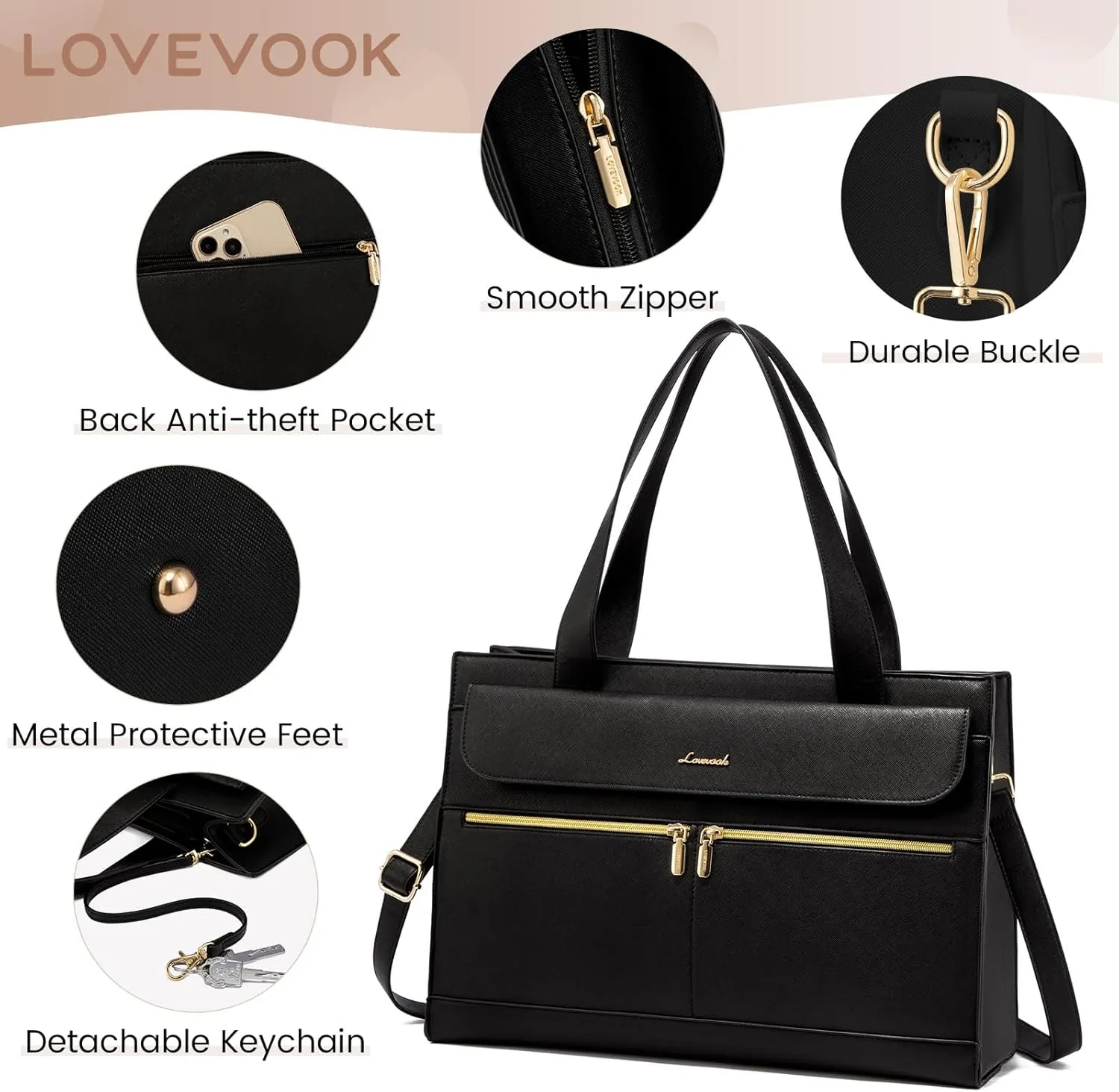 LOVEVOOK Laptop Tote for Women - 15.6 Inch Professional Leather Computer Briefcase, Waterproof Handbag, Large Capacity Business Teacher Office Bag, Crossbody Purse - Black