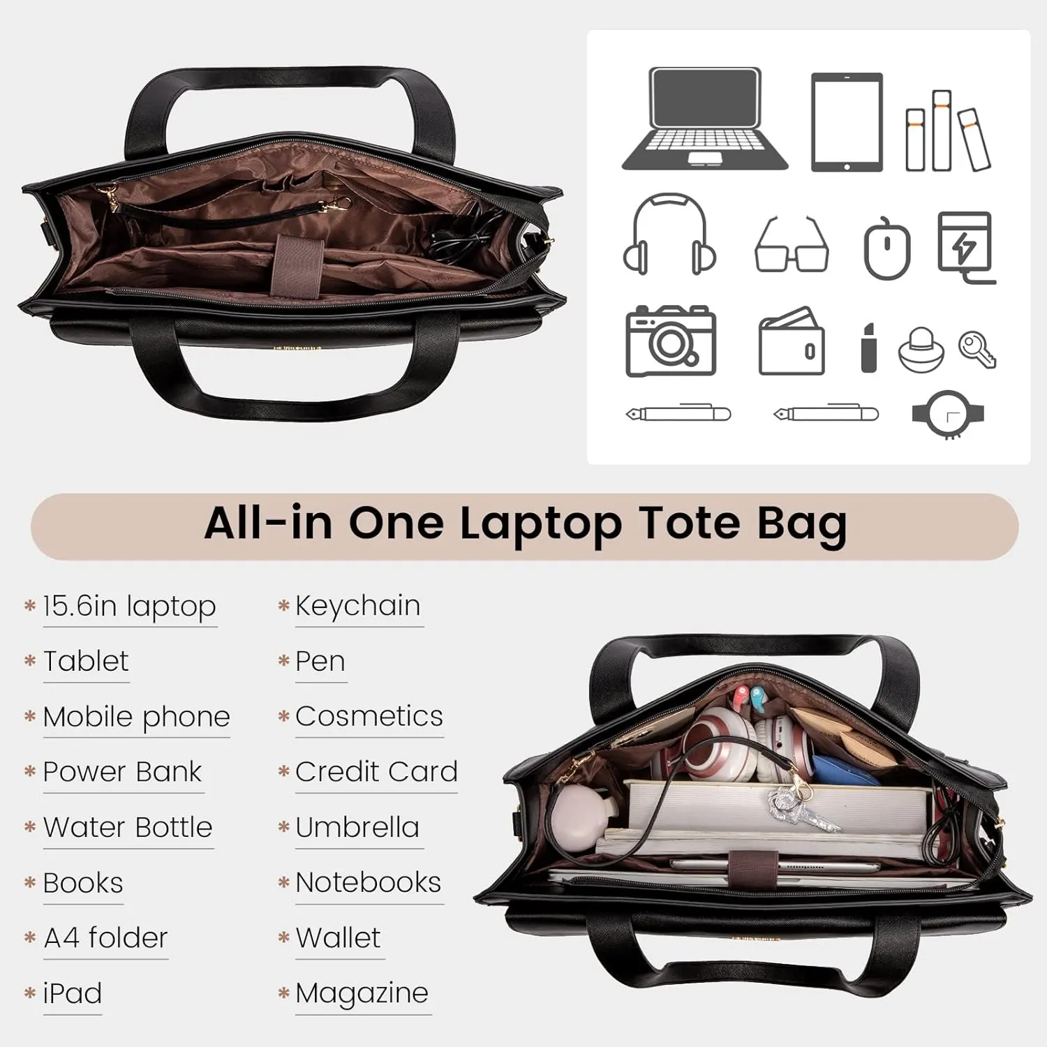 LOVEVOOK Laptop Tote for Women - 15.6 Inch Professional Leather Computer Briefcase, Waterproof Handbag, Large Capacity Business Teacher Office Bag, Crossbody Purse - Black