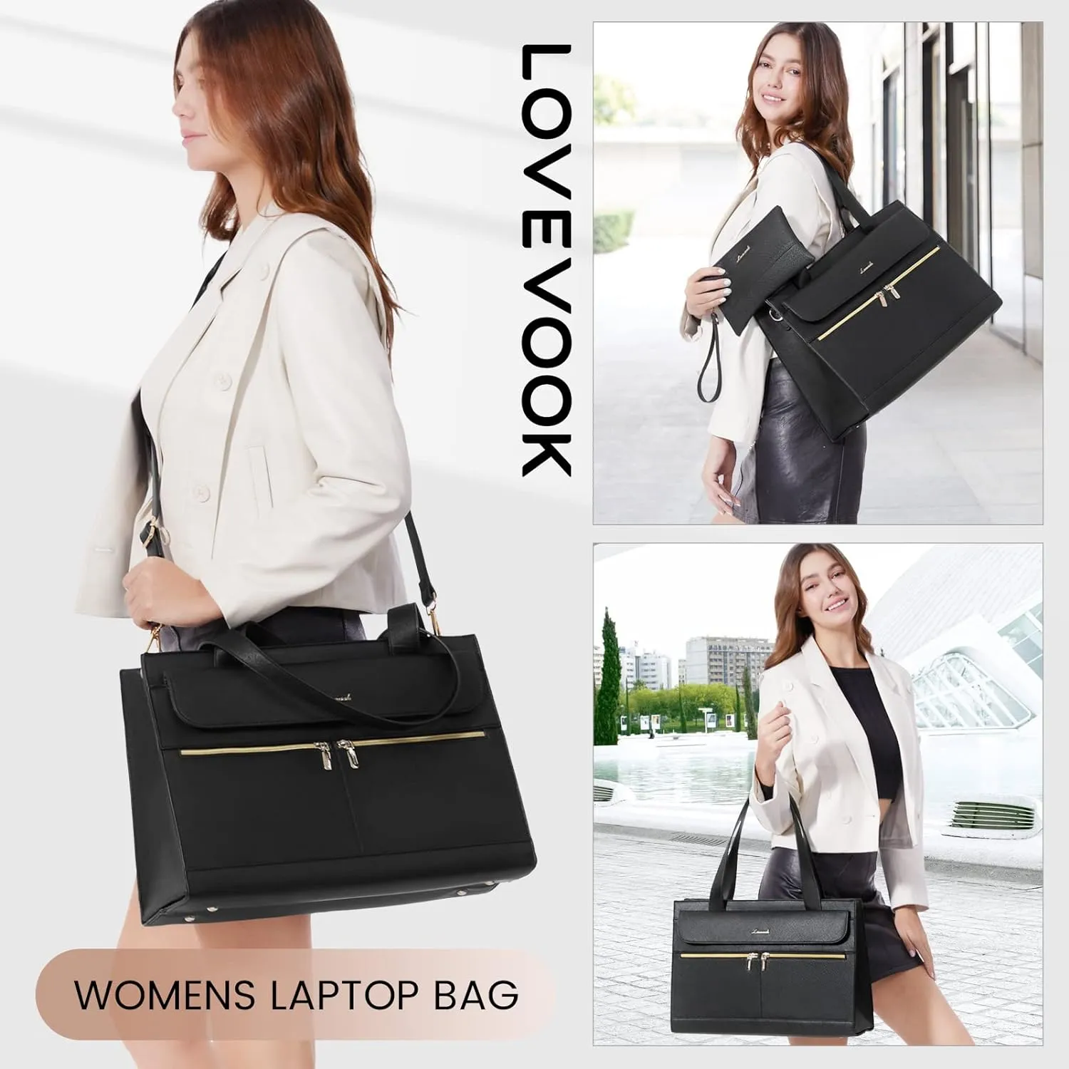 LOVEVOOK Laptop Tote for Women - 15.6 Inch Professional Leather Computer Briefcase, Waterproof Handbag, Large Capacity Business Teacher Office Bag, Crossbody Purse - Black