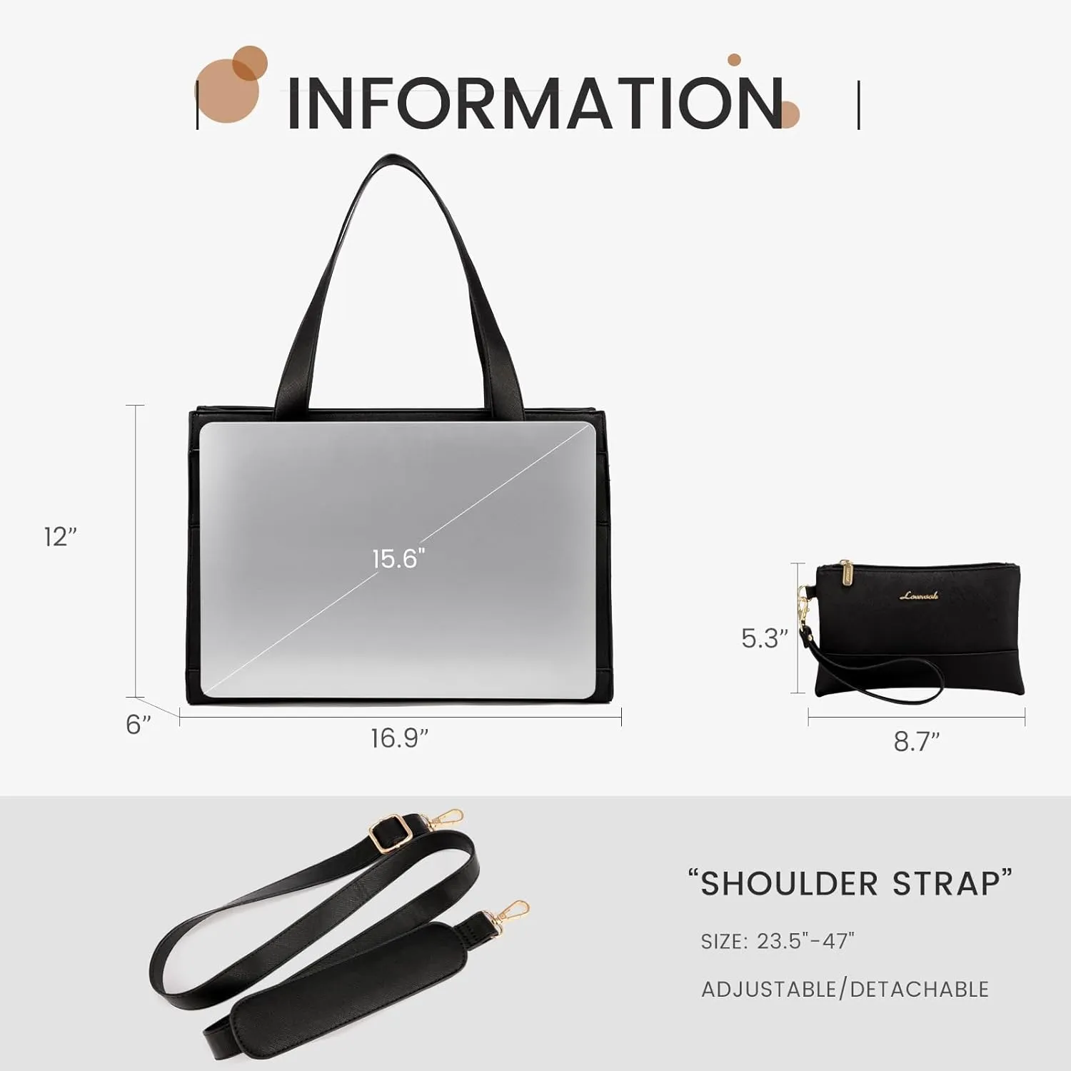LOVEVOOK Laptop Tote for Women - 15.6 Inch Professional Leather Computer Briefcase, Waterproof Handbag, Large Capacity Business Teacher Office Bag, Crossbody Purse - Black