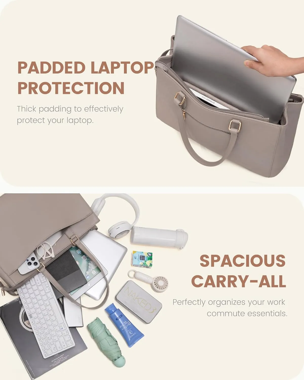 LOVEVOOK Teacher Tote Bag for Women, Laptop Bag Work Tote Bag, Waterproof Leather Computer Bag, Business Laptop Purse Office Handbag Professional Briefcase, 15.6 Inch, Taupe