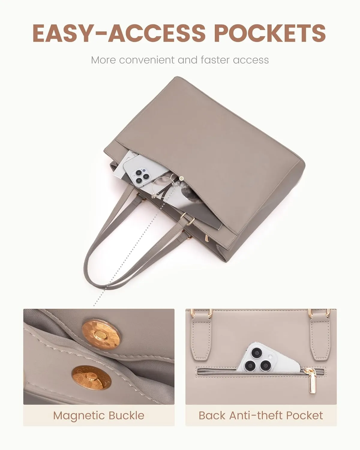 LOVEVOOK Teacher Tote Bag for Women, Laptop Bag Work Tote Bag, Waterproof Leather Computer Bag, Business Laptop Purse Office Handbag Professional Briefcase, 15.6 Inch, Taupe