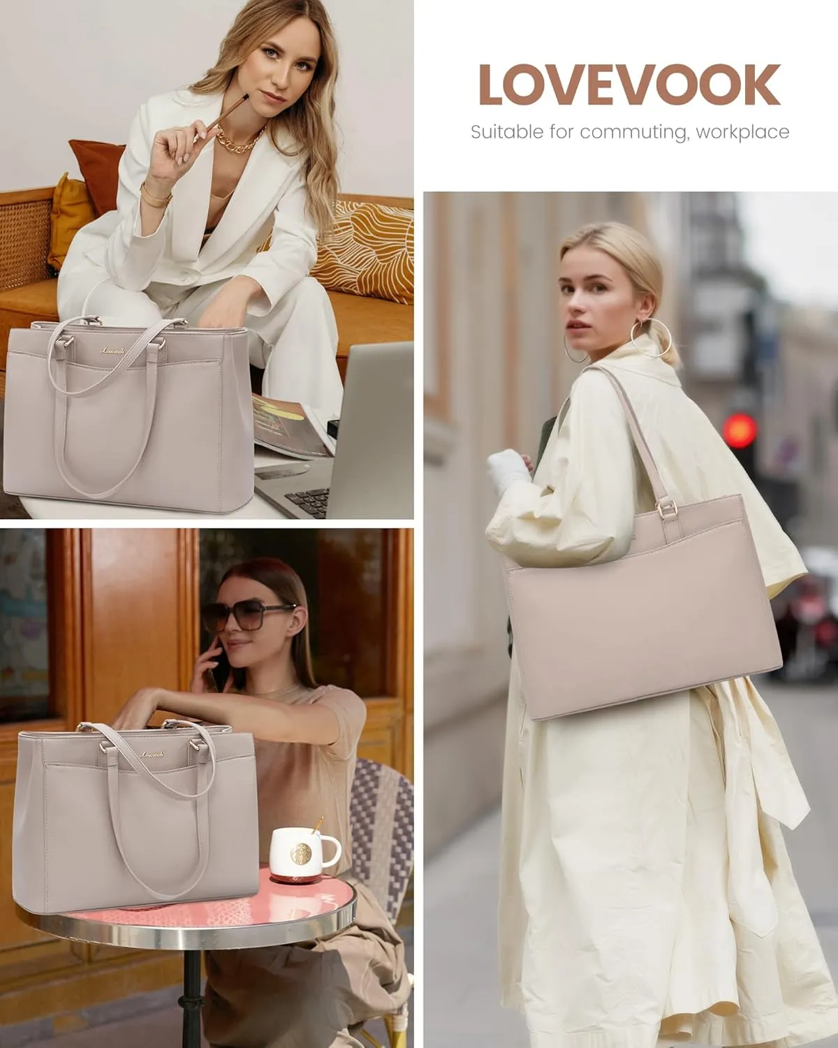 LOVEVOOK Teacher Tote Bag for Women, Laptop Bag Work Tote Bag, Waterproof Leather Computer Bag, Business Laptop Purse Office Handbag Professional Briefcase, 15.6 Inch, Taupe